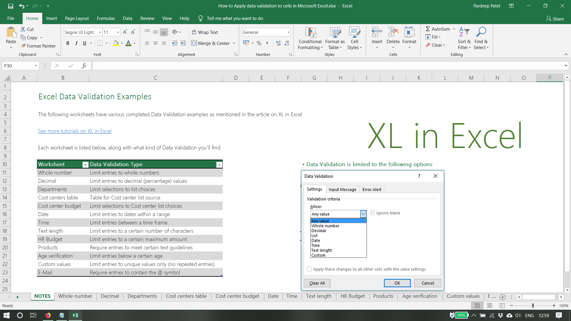 How To Apply Data Validation To Cells In Microsoft Excel Xl In Excel
